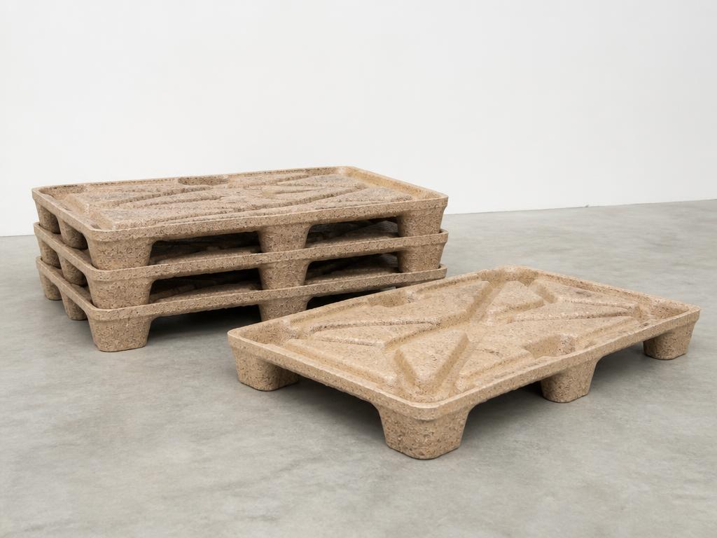 Nestable presswood moulded fibre pallets stacked together