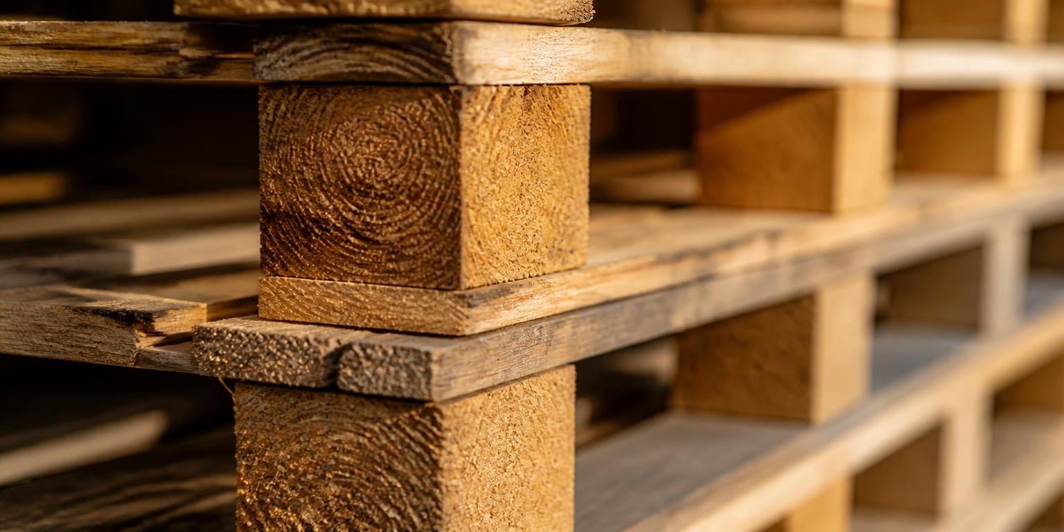 Close detail of stacked timber pallet deck boards and blocks