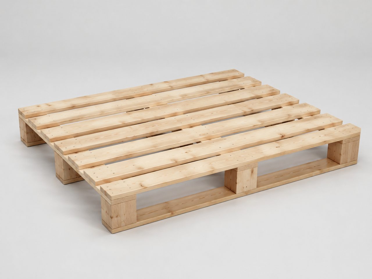 Lightly used four-way timber pallet with honey-coloured deck boards and block feet