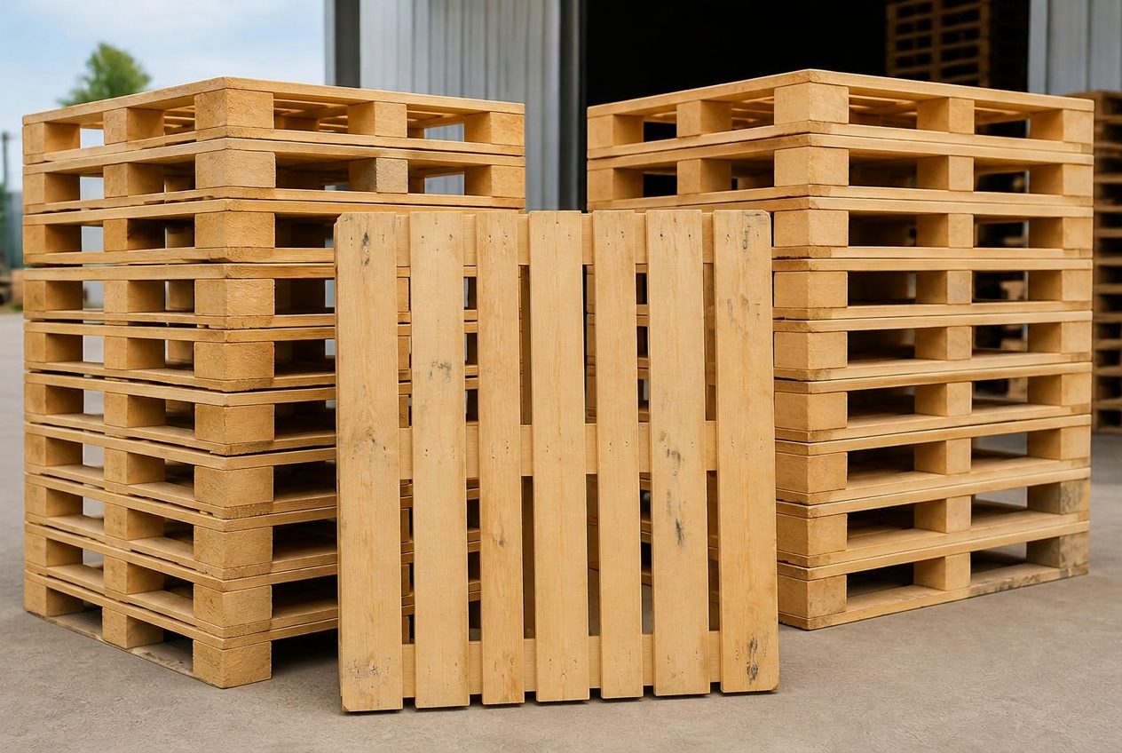 Used wooden pallets graded and stacked alongside repaired boards